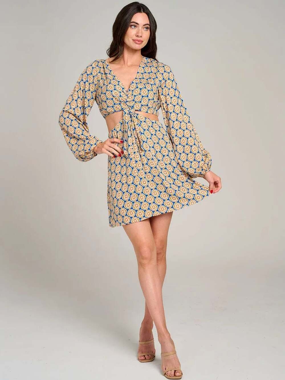 Savanna Jane Geo Print V-Neck Long Sleeve Cutout Mini Dress